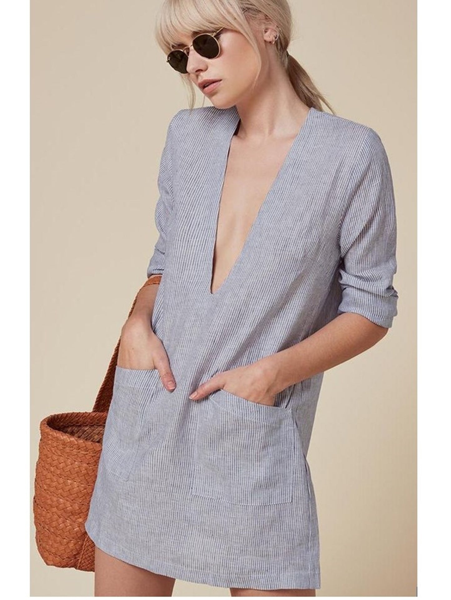 Striped Linen Deep Plunge Mini Dress Size Small