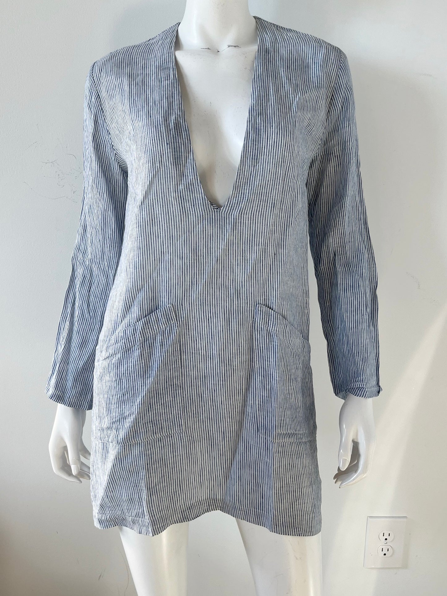 Striped Linen Deep Plunge Mini Dress Size Small