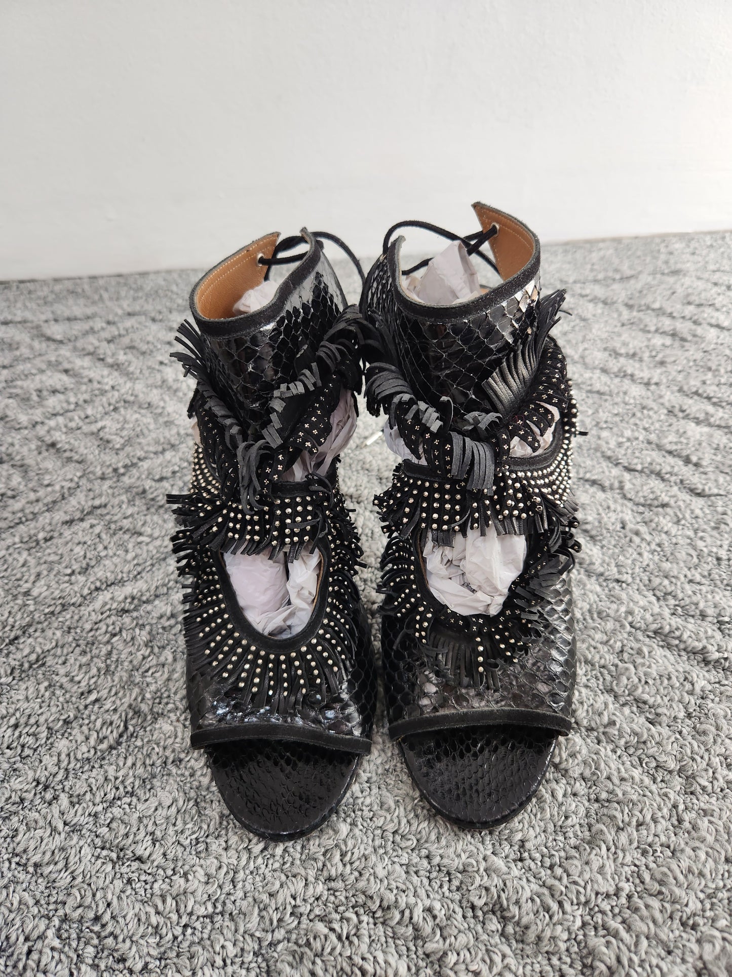 Python Leather Fringe Cutout Heels Size 41