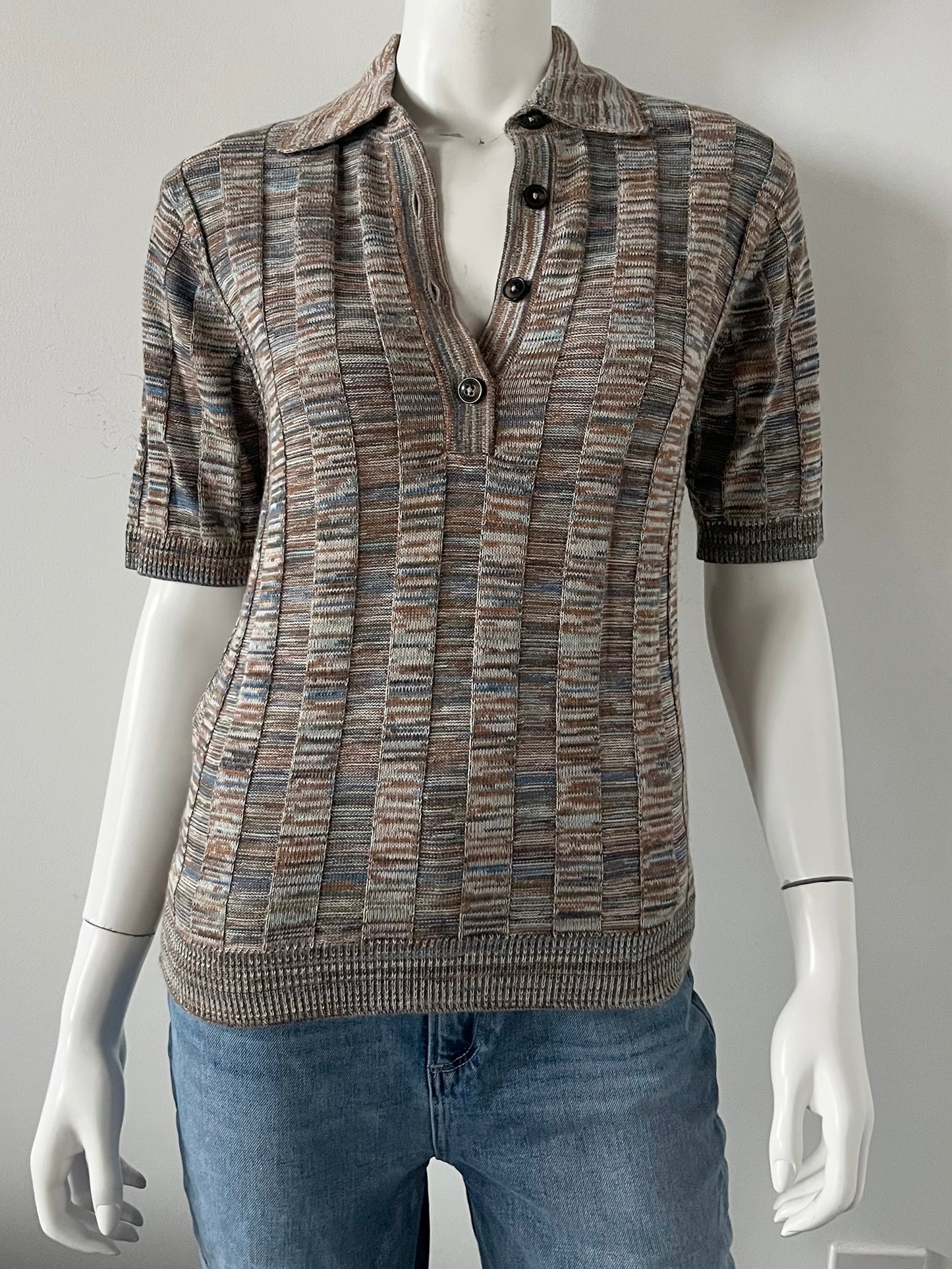 Mouline Effect Ribbed Knit Polo Size Small