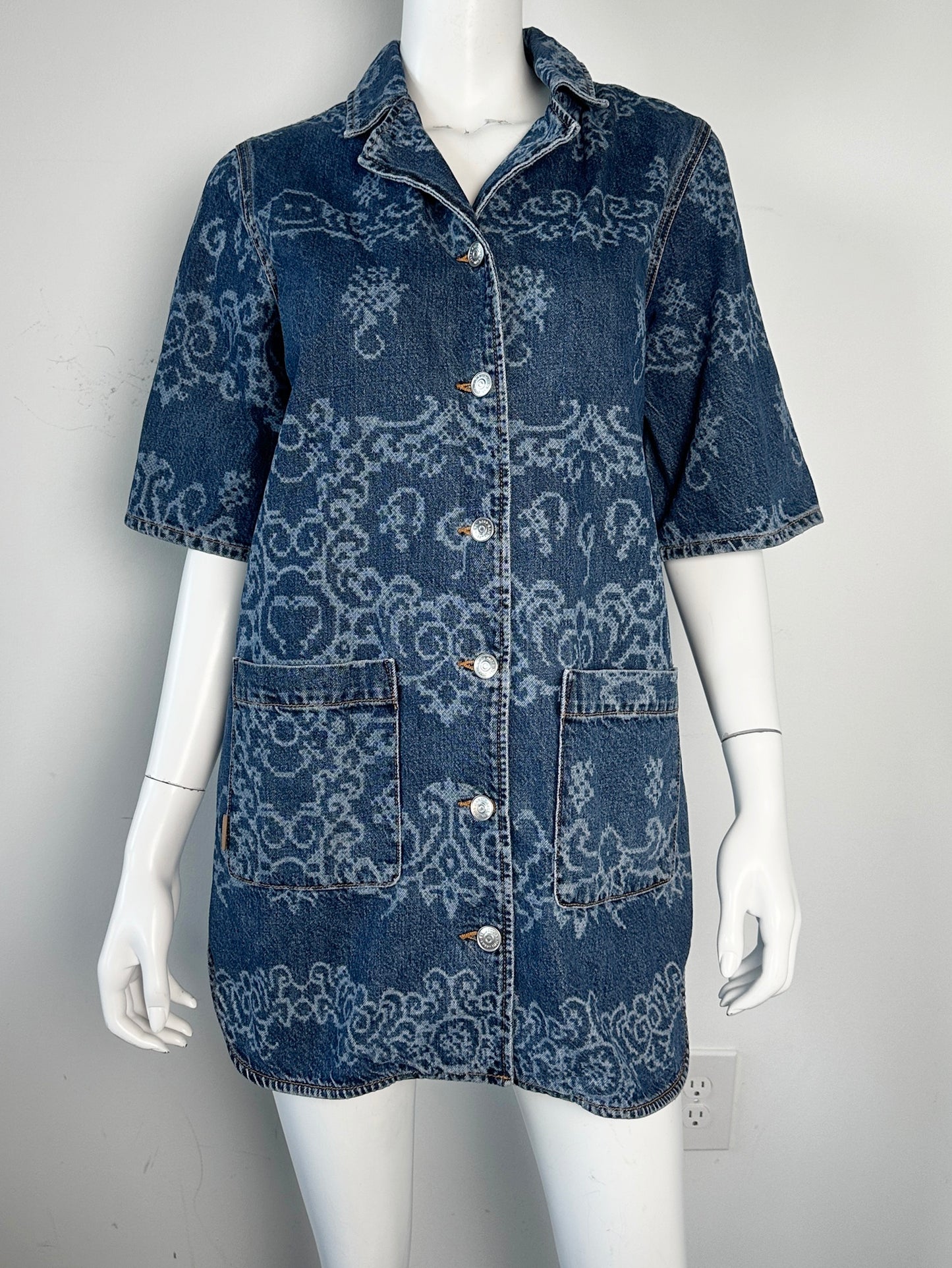 Oversized Laser Print Denim Shirt Dress Size Small/Medium