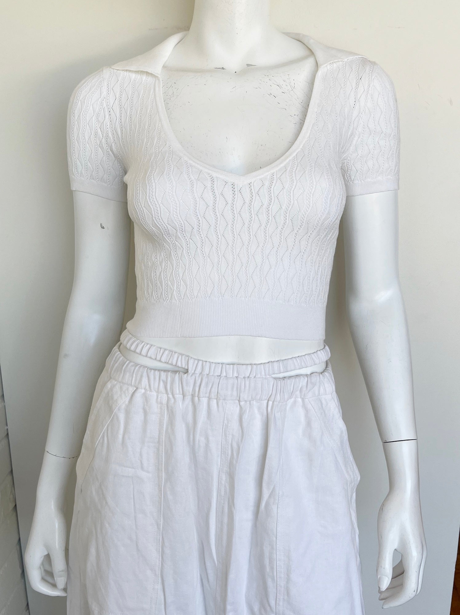 Pointelle Cropped Polo Top Size XS
