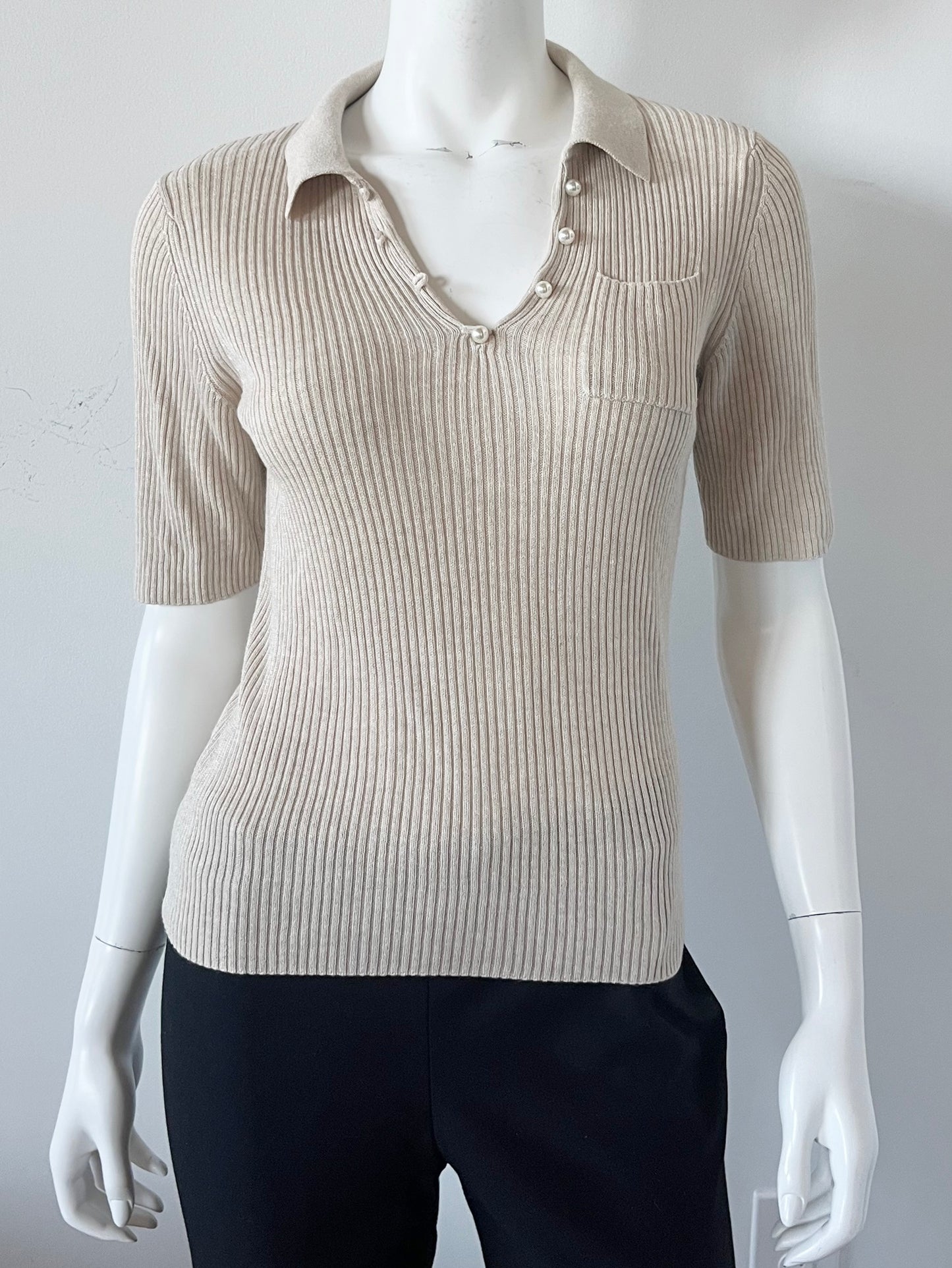 Ribbed Short Sleeve Polo with Pearls
