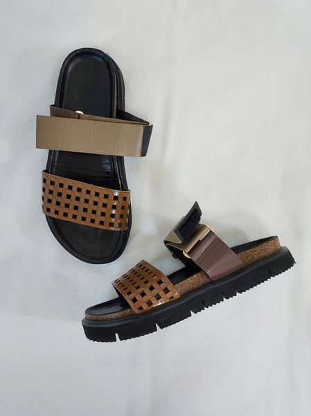 Leather Flatform Perforated Sandals Size 39