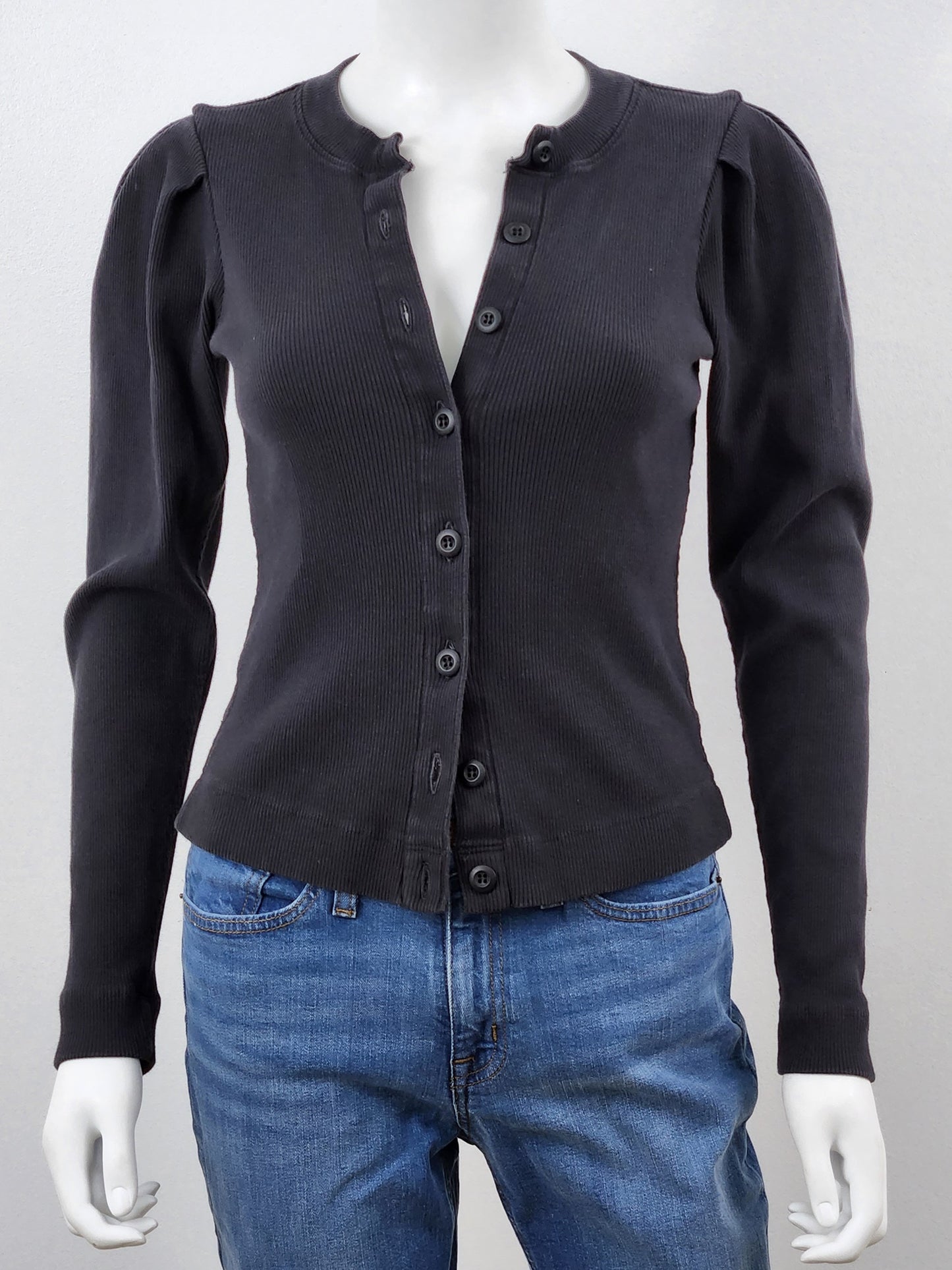 Ribbed Puff Sleeve Button Down Top Size Small