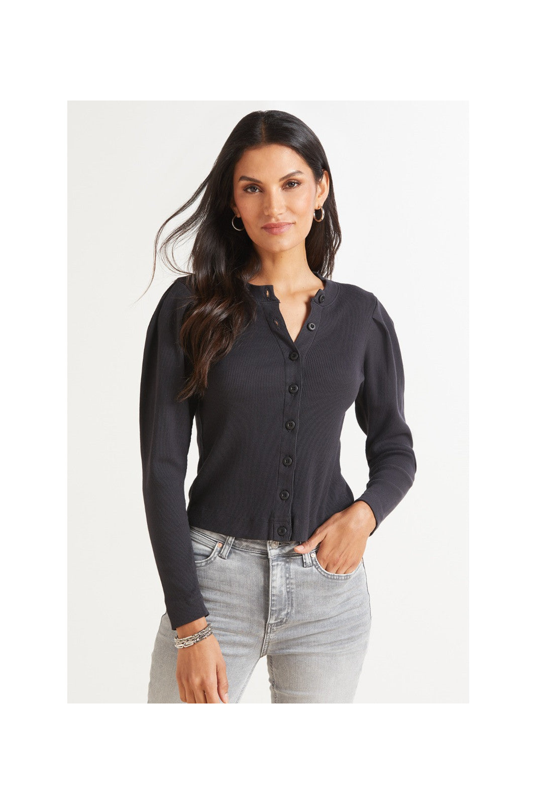 Ribbed Puff Sleeve Button Down Top Size Small