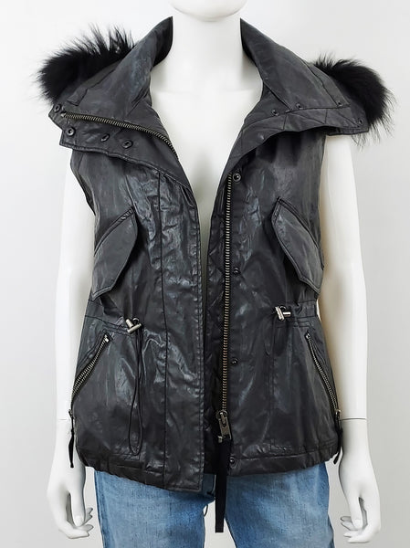 Vegan Leather Hooded Vest Size Small